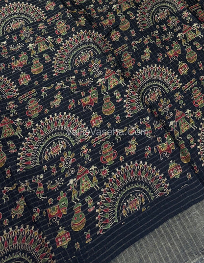 Light Weight Fancy Mixed Kota Cotton - Varli Design Printed Saree - Black Shade - VVKPC001