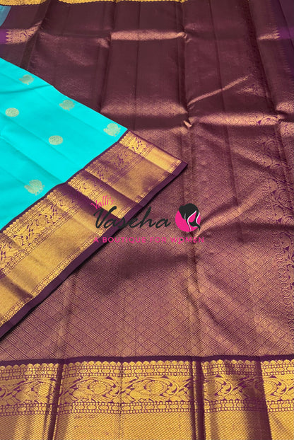 Pure Vintage Korvai Kanchipuram Silk Saree - Blue With Purplish Pink - VVPS062