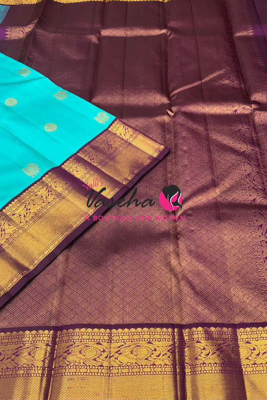 Pure Vintage Korvai Kanchipuram Silk Saree - Blue With Purplish Pink - VVPS062