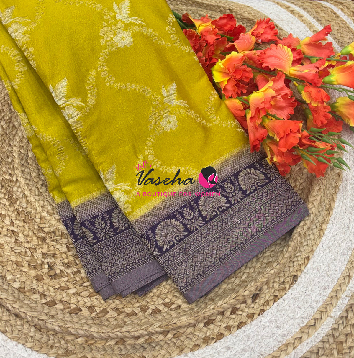 Banarasi Georgette Saree - Lemon Yellow With Violet Combo - VVBGS002