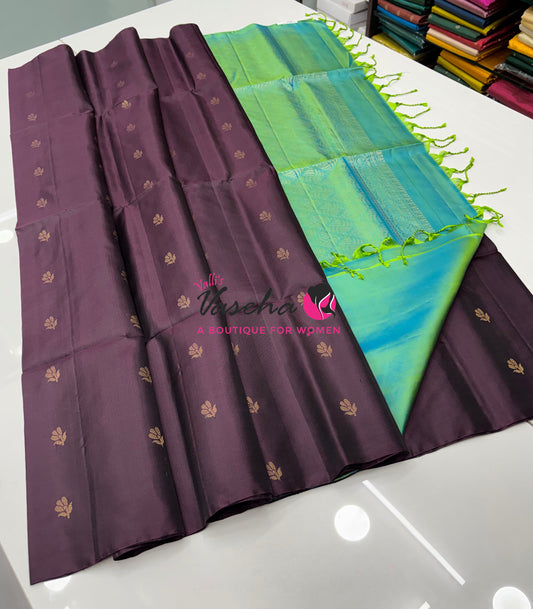 Pure Soft Silk Saree  - Brown With Dual Tone Green - VVPSS118