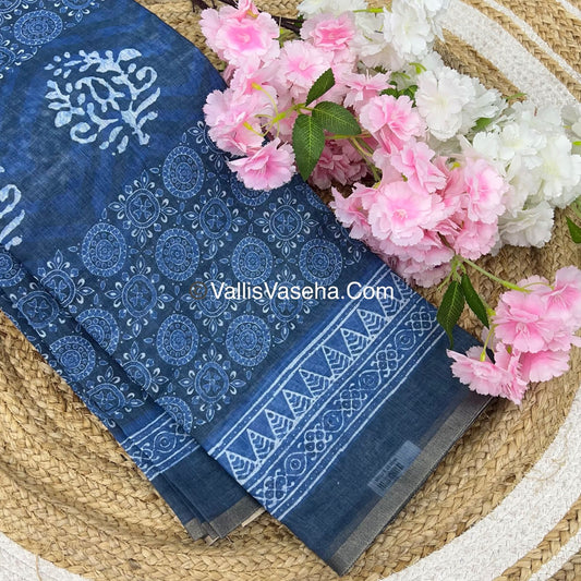 Linen Mixed Cotton Saree - Indigo Blue - Printed - VVLMP001
