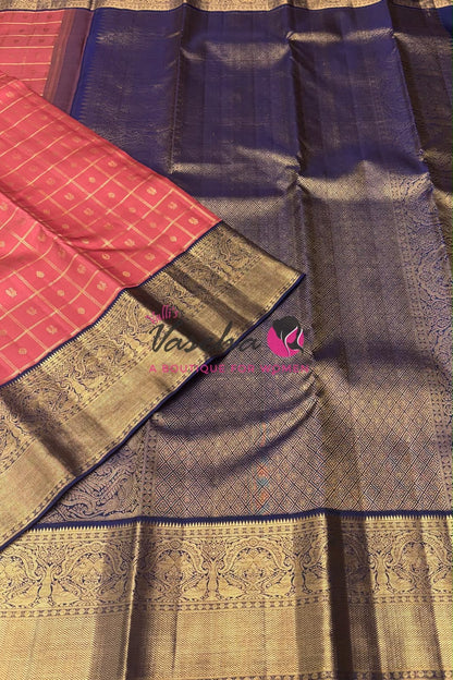 Pure Vintage Korvai Kanchipuram Silk Saree - Light Pink & Navy Blue Combo - VVPS044