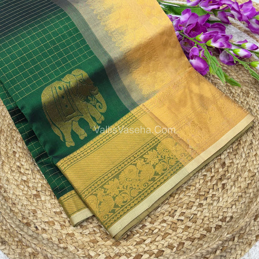 Pure Korvai Silk Cotton - Checks Pattern - Green With Creamish Golden Shade  - VVKSC033
