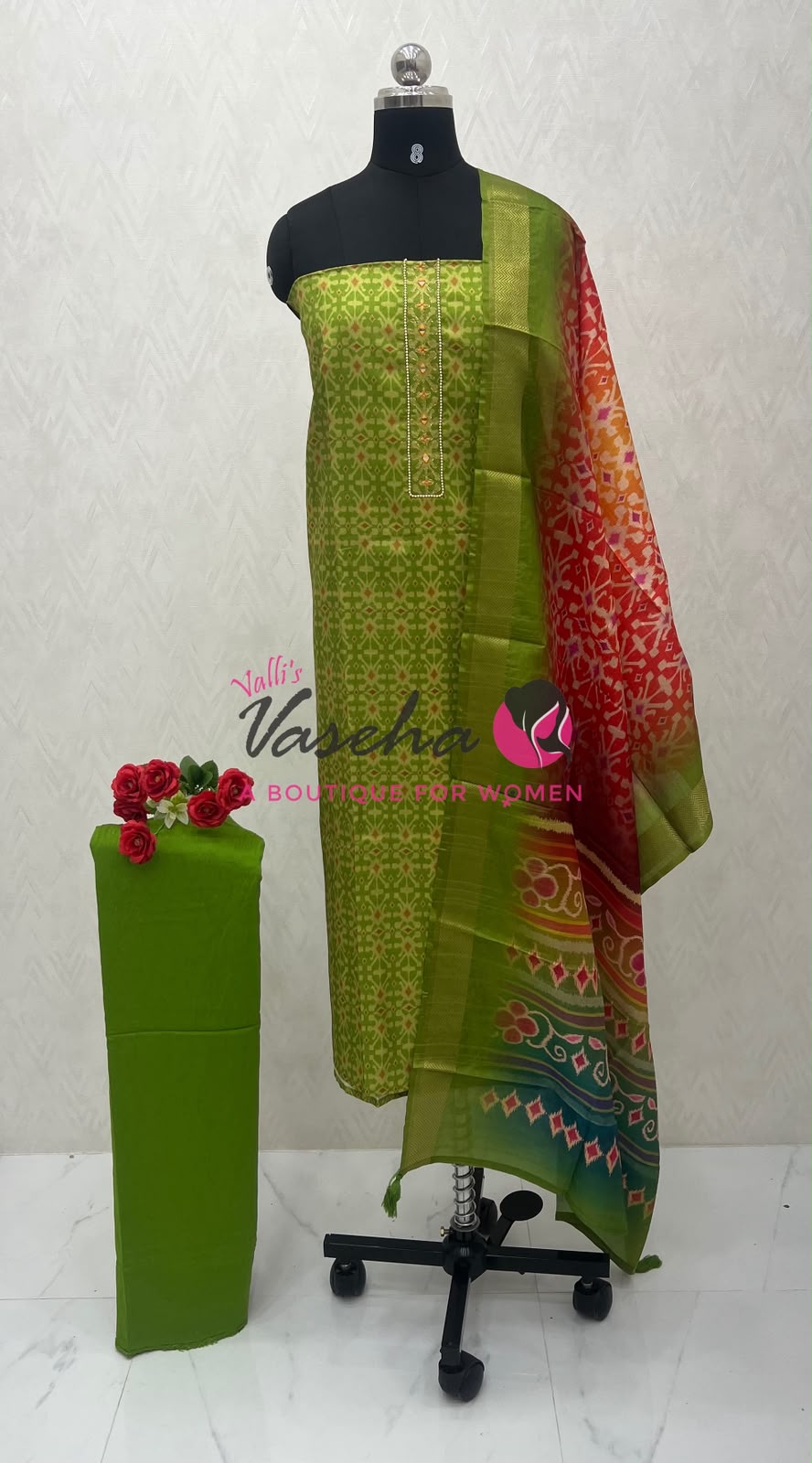 Unstitched Raw Silk Material  | Green | VVUSM051