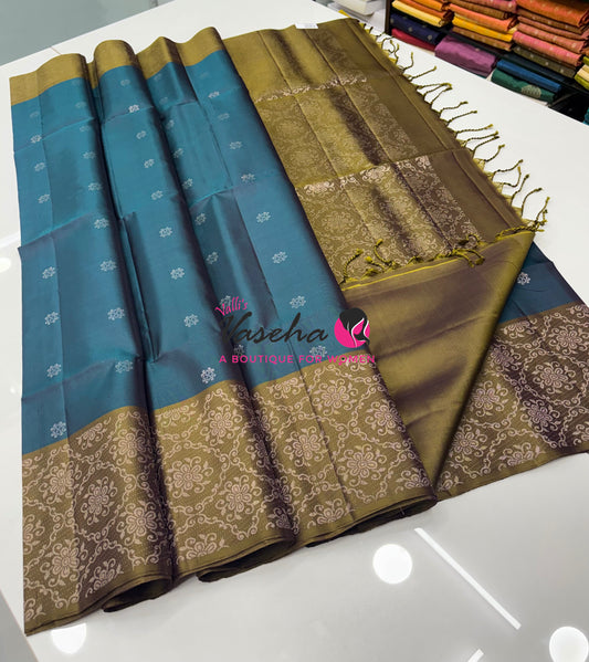 Pure Soft Silk Saree - Ramar Blue & Mahendi Green - VVPSS126