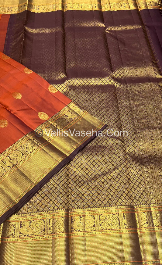 Pure Kanchipuram Silk Saree - Dark Rust Orange with Wine Brown Combo - VVPS021