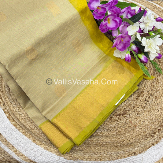Pure Silk Cotton Saree - Mayil & Chakkaram Design - Cream With Lemon Yellowish green Shade VVMC002