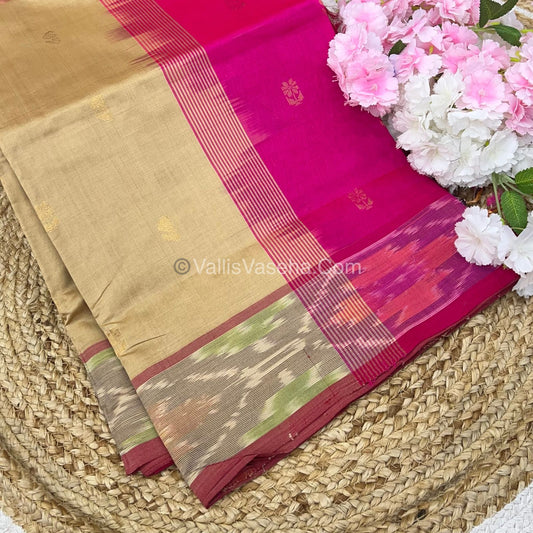 Semi Silk Cotton Saree - Cream & Pink - VVSSC001