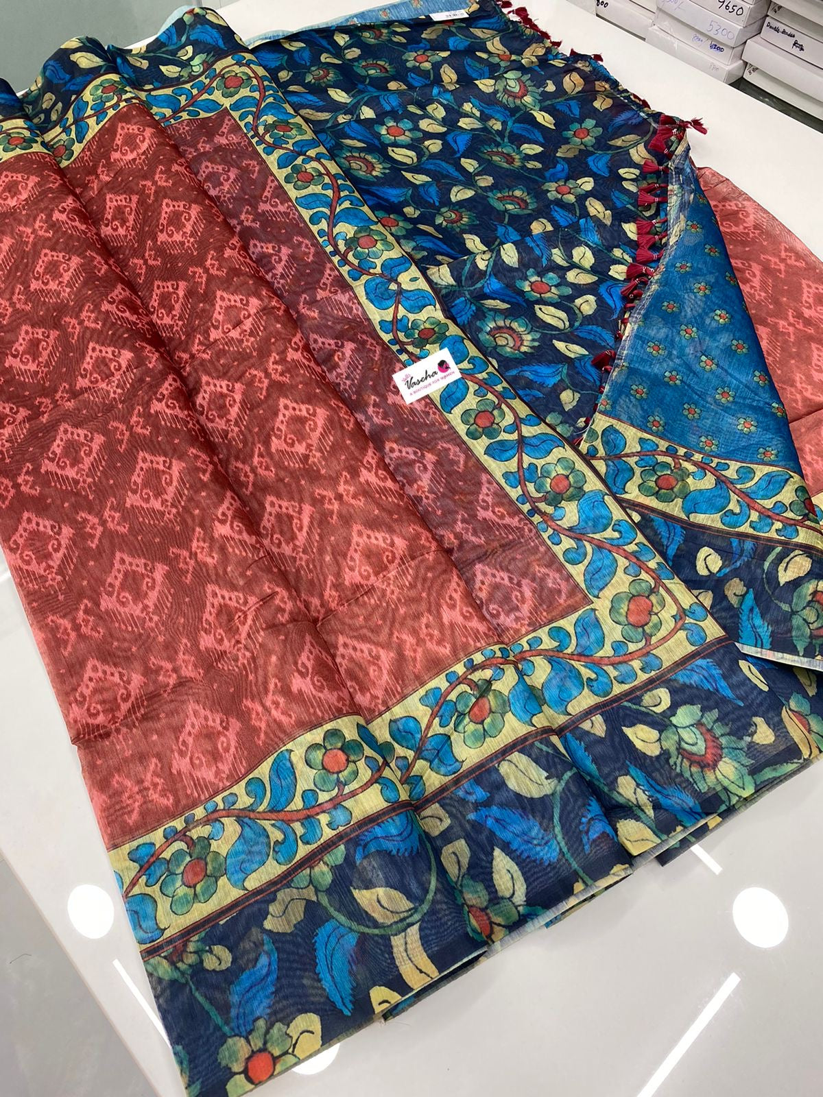 Chanderi Mixed Cotton Saree - Ikkat & kalamkari design  - VVCC002