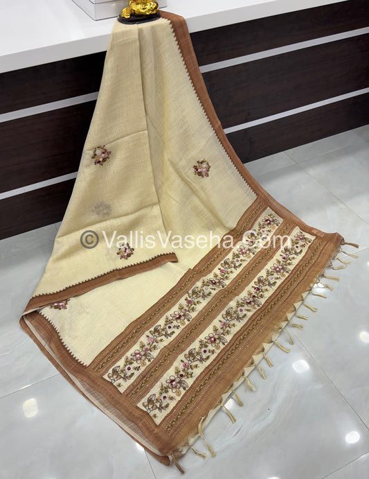 French Knot - Tissue Saree - Cream With Brown Shade - VVLFN006