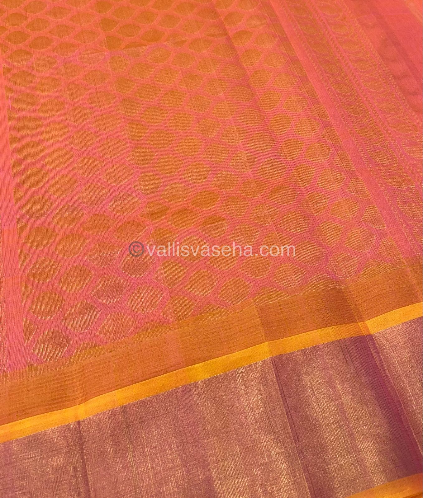 Pure Korvai Silk Cotton Saree - / Half white With Peachish yellow  - Temple border - VVKSC001