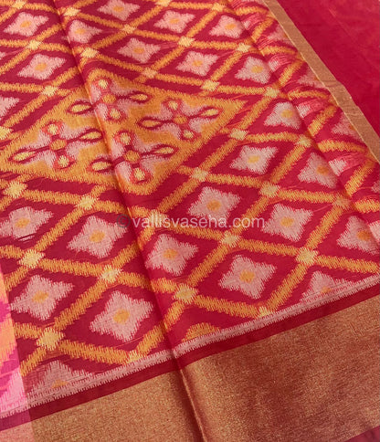 Banarasi Pochampally Weaving Semi Soft Cotton Saree - Pink with Merun - VVBPS001