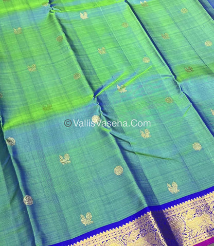 Pure Kanchipuram Silk Saree - DoubleTone Blueish Green & Blue/Pink Combo - VVPS014