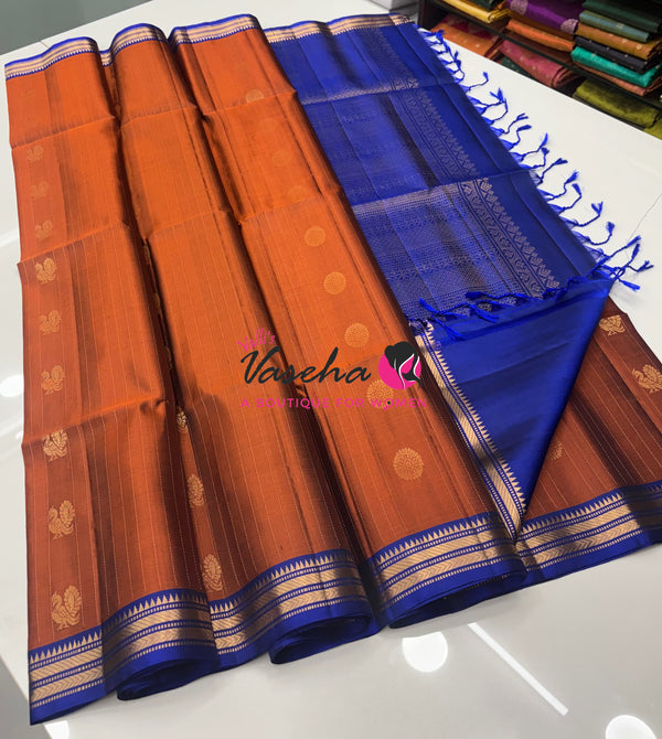 Pure Soft Silk Saree  - Rust Orange With Blue Combo - VVPSS150