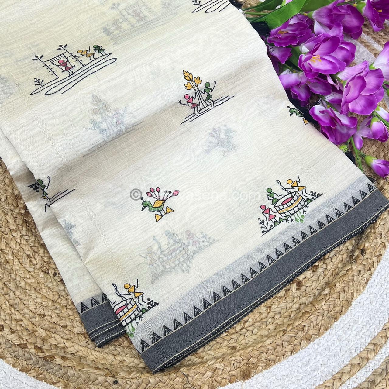 Semi Tussar Embroidery - Cream with Greyish Black Combo - VVSTE001
