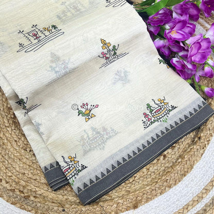 Semi Tussar Embroidery - Cream with Greyish Black Combo - VVSTE001