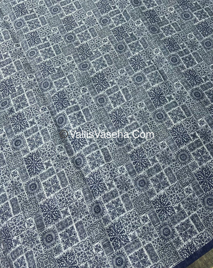Linen Mixed Cotton Saree - Indigo Blue - Printed - VVLMP001