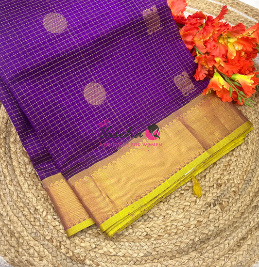 Pure Silk Cotton Saree - Mayil & Chakkaram Design - Purple With Lemon Green Shade -VVMC002