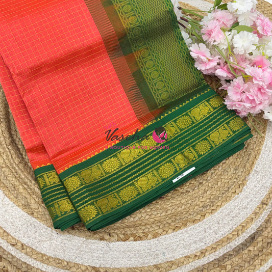 Pure Korvai Silk Cotton - Retta Petta Border - Peach With Green Combo - VVKSC010