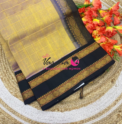Pure Korvai Silk Cotton With Retta Petta Border - Checks pattern - Dual Tone Gold & Black - VVKSC013