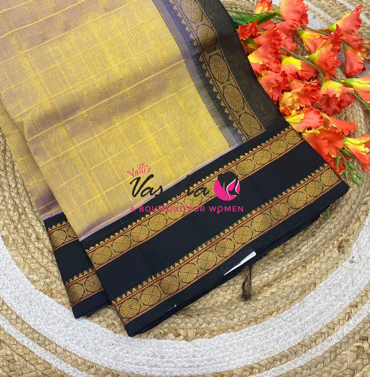 Pure Korvai Silk Cotton With Retta Petta Border - Checks pattern - Dual Tone Gold & Black - VVKSC013