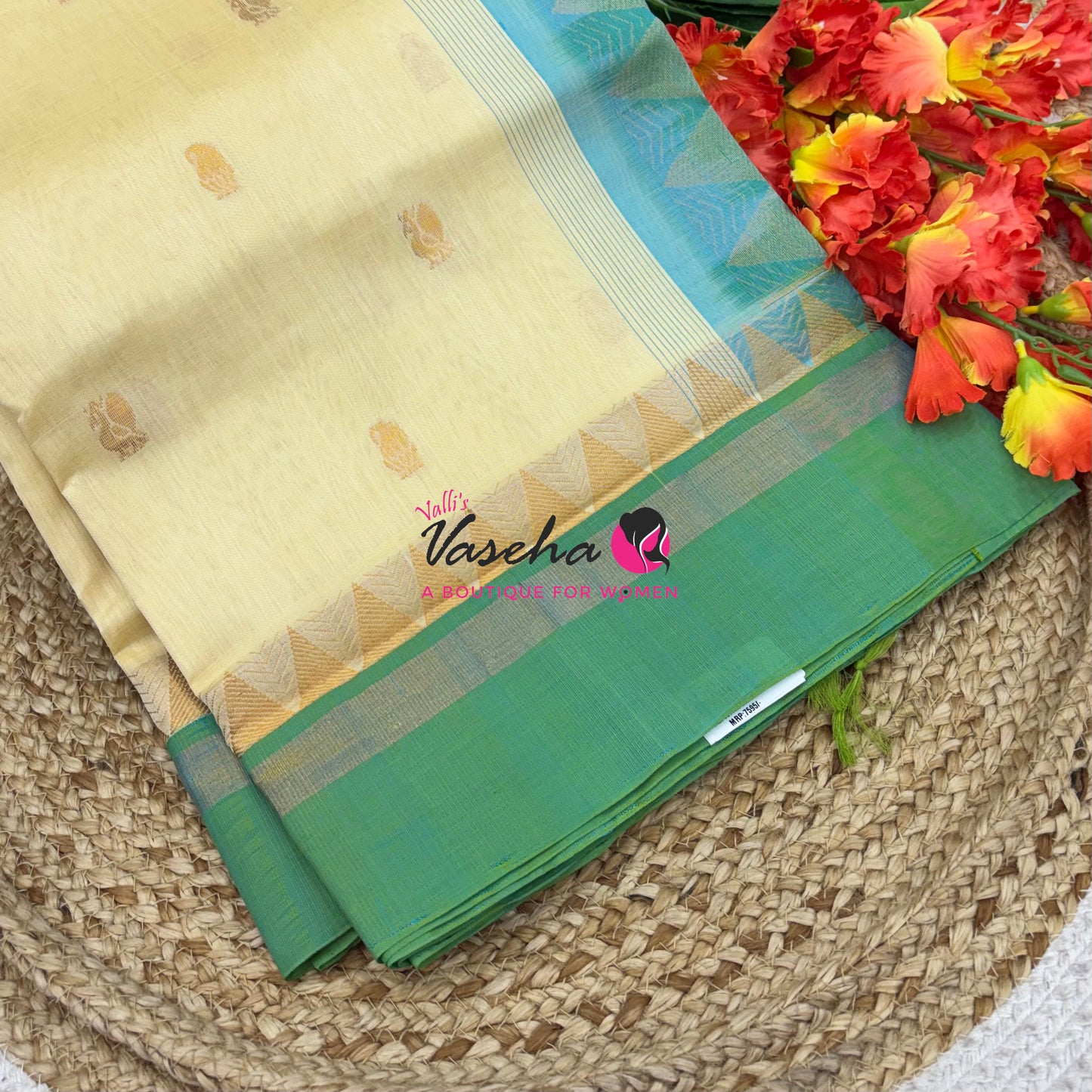 Pure Korvai Silk Cotton Saree - Cream with Turquoise blue -  VVKSC030