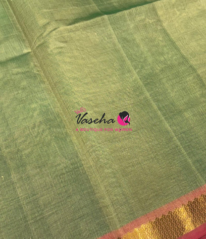 Pure Silk Cotton Sarees - Green With Pink - VVPSC017