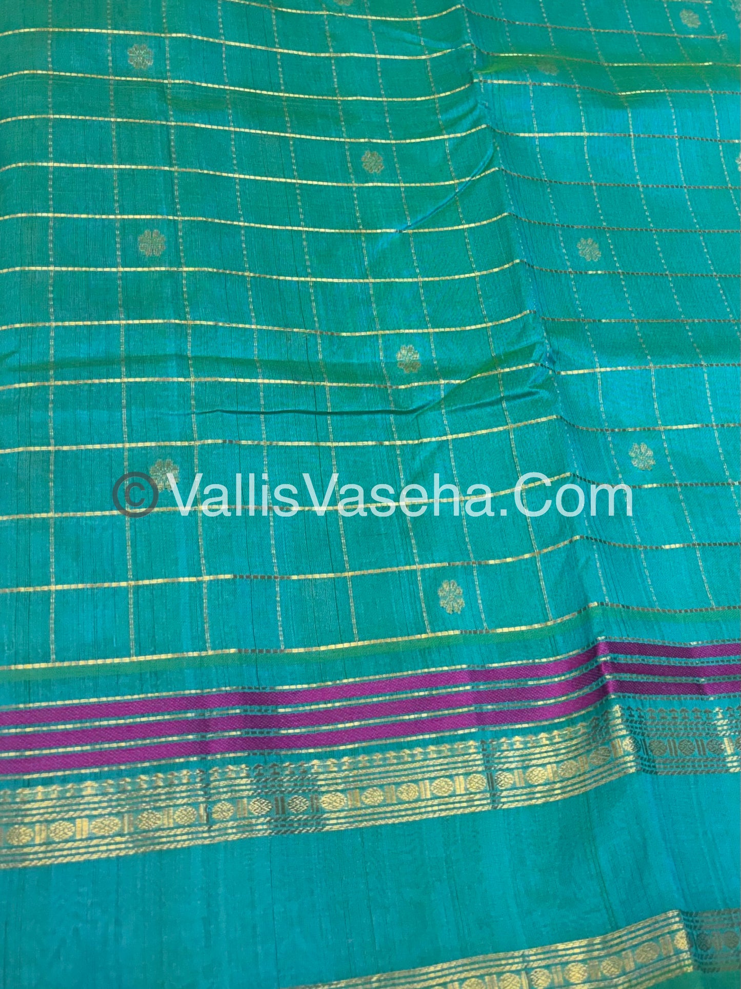 Pure Silk Cotton Saree - Retta Petta Border - Turquoise Bluish Green Shade - VVPSC001