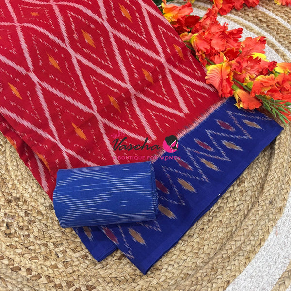 Double Ikkat Pure Cotton Saree -  Blue With Red  - VVIKS002