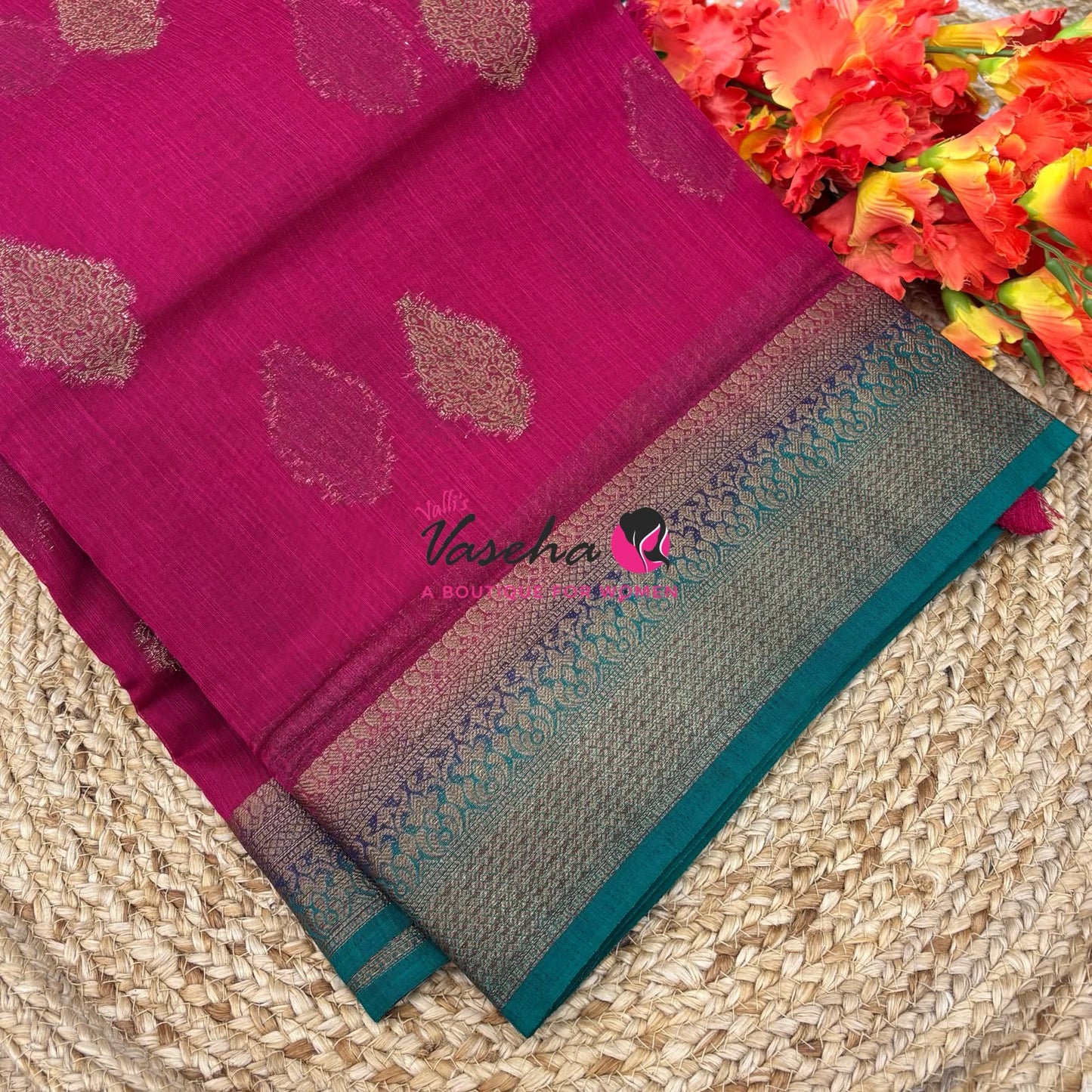 Bamboo Silk Saree - Pink with Blue - VVBSS018