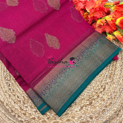 Bamboo Silk Saree - Pink with Blue - VVBSS018