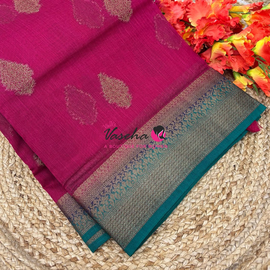 Bamboo Silk Saree - Pink with Blue - VVBSS018