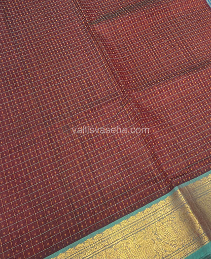 Pure Silk Cotton Saree - Maroon With Turquoise Blue Shade- Lakshadeepam Design - VVPLD001