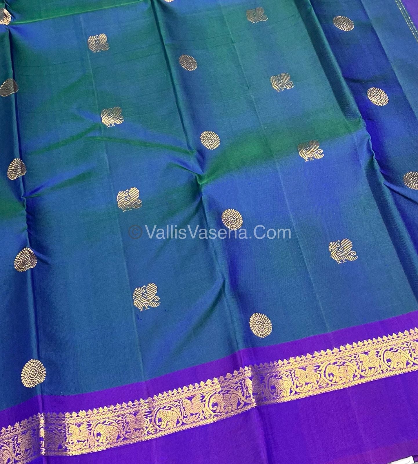 Pure Kanchipuram Silk Saree - Peacock Blue with Purple Combo - VVPS021