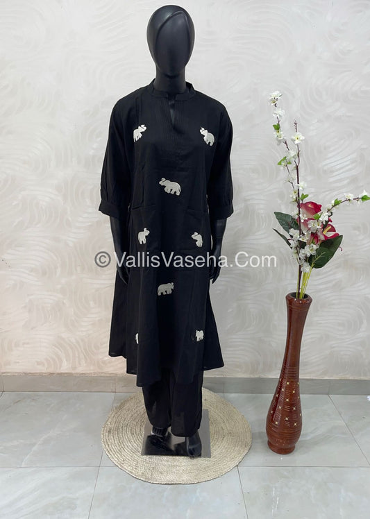 Trendy Pure Cotton - Co-ord Set - A line - Elephant Embroidery- Black Shade - VVRCS002