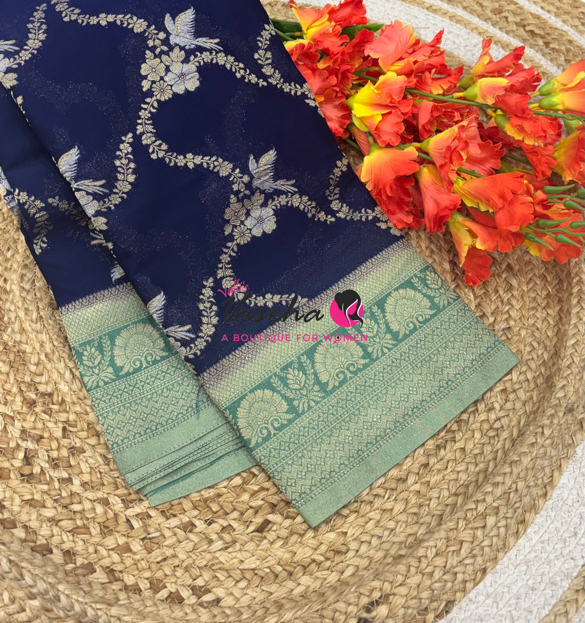 Banarasi Georgette Saree - Blue With Pastel Green Combo - VVBGS002