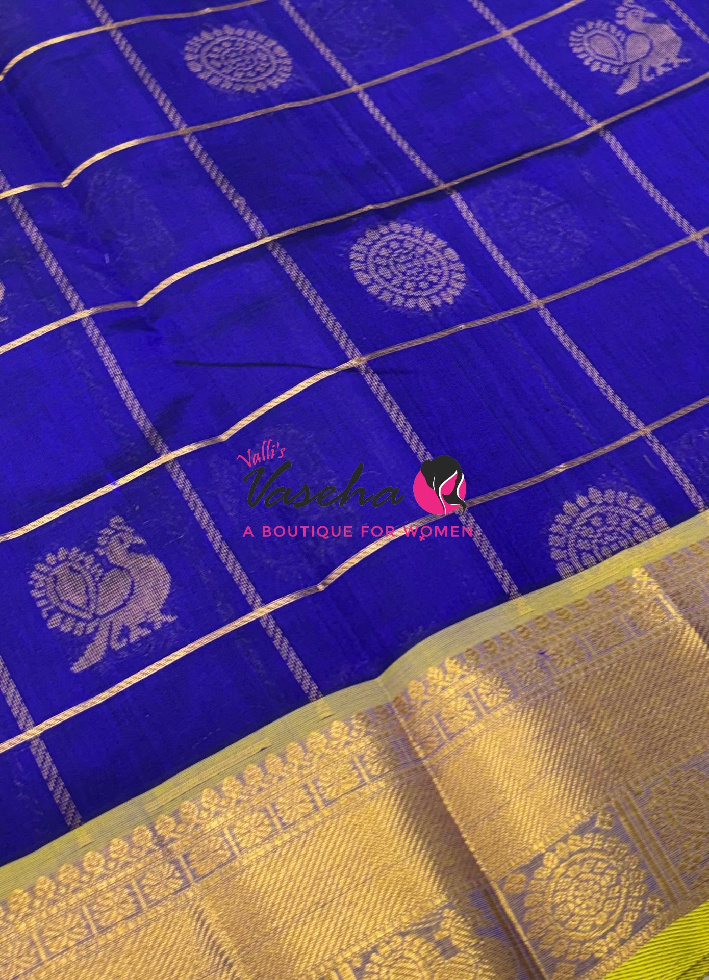 Pure Silk Cotton Saree - Mayil & Chakkaram Design - Blue With Yellow Shade - VVMC001