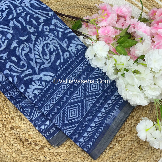 Linen Mixed Cotton Saree - Indigo Blue - Printed - VVLMP001