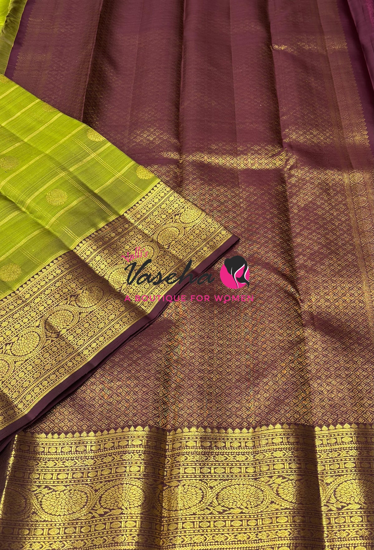 Pure Kanchipuram Silk Saree - Green   With Wine Brown - VVPS097