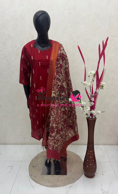 Ready Made - Semi Raw Silk Kurti with Chennur Silk Kalamkari Duppatta - 2pc Set - VVSRK002