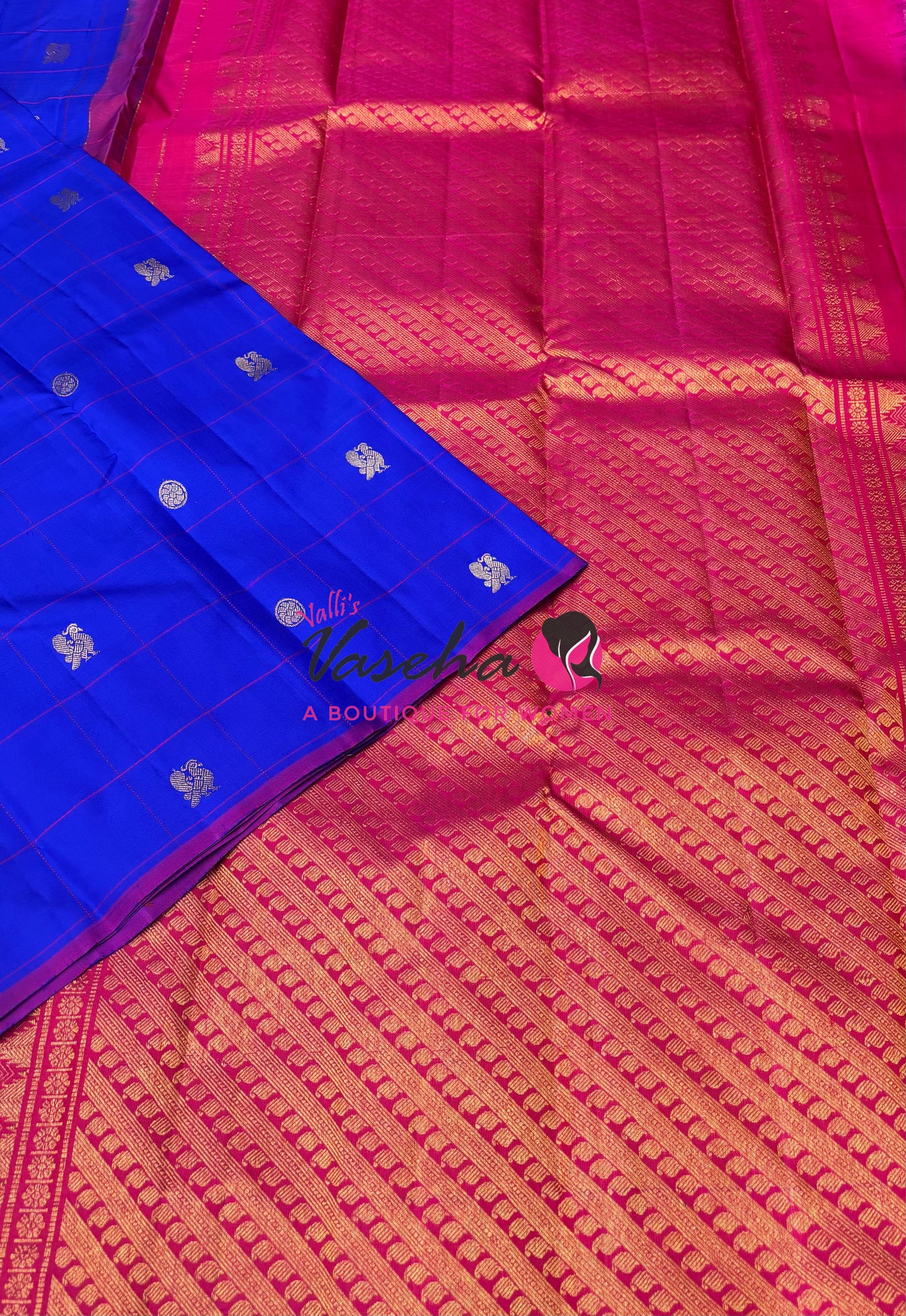 Pure Kanchipuram Silk Saree - Blue & Pink Combo - VVPS020
