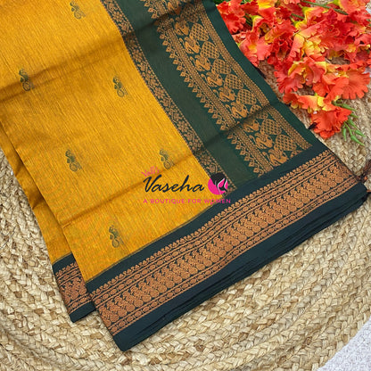 Kalyani Cotton Saree - Yellow With Green Shade - VVKC002