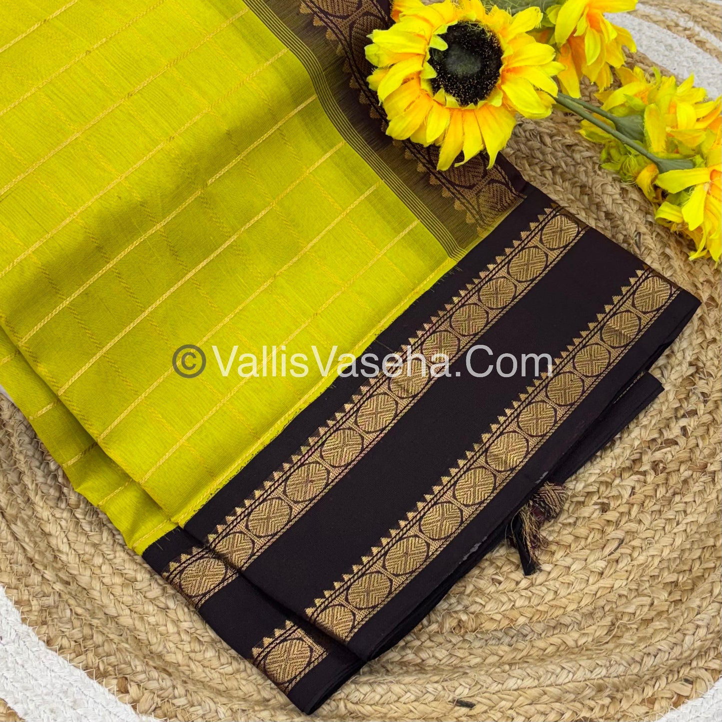 Pure Korvai Silk Cotton With Retta Petta Border - Checks pattern - Lemon Green & Coffee Brown - VVKSC013