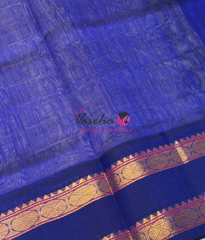 Pure Korvai Silk Cotton With Retta Petta Border - Checks pattern - Light Lavender & Blue - VVKSC013