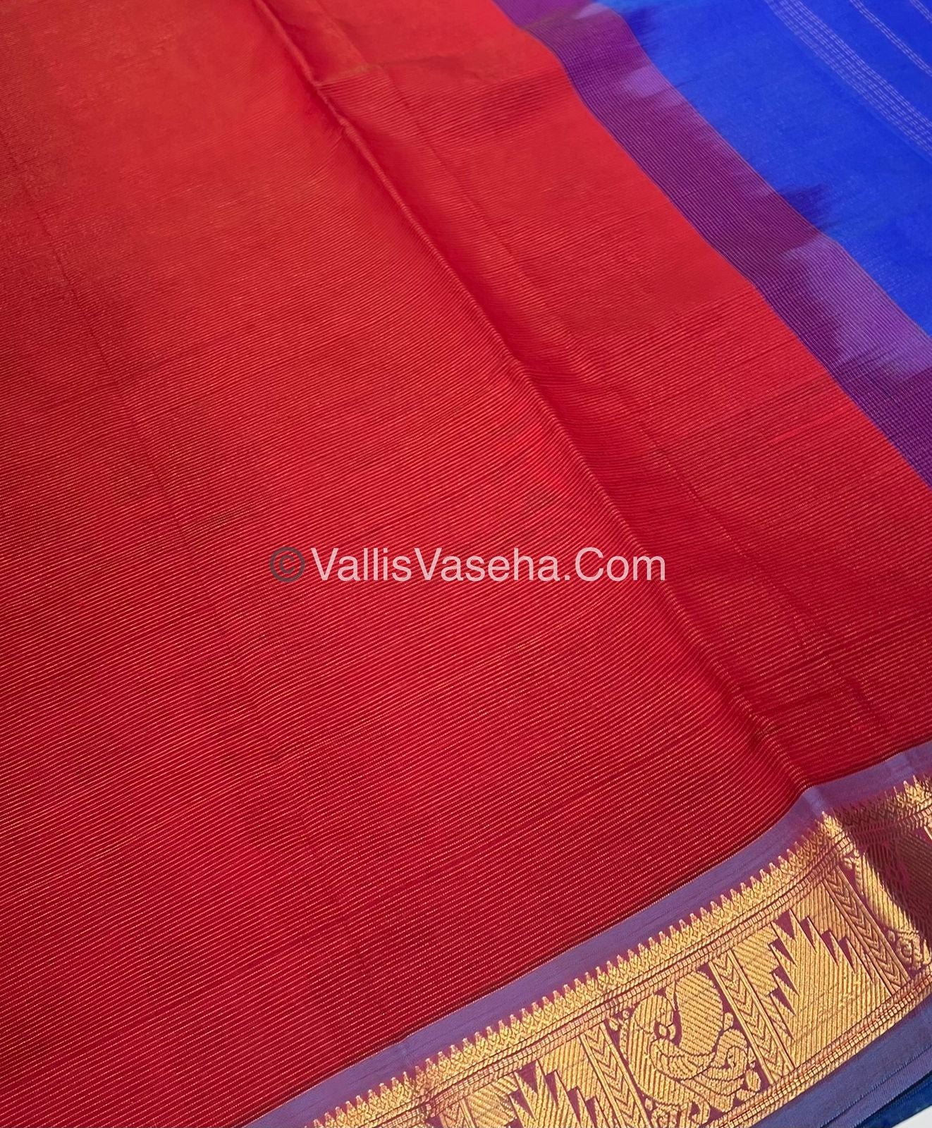 Semi Silk Cotton Saree - Red With  Blue Shade - VVSSC008