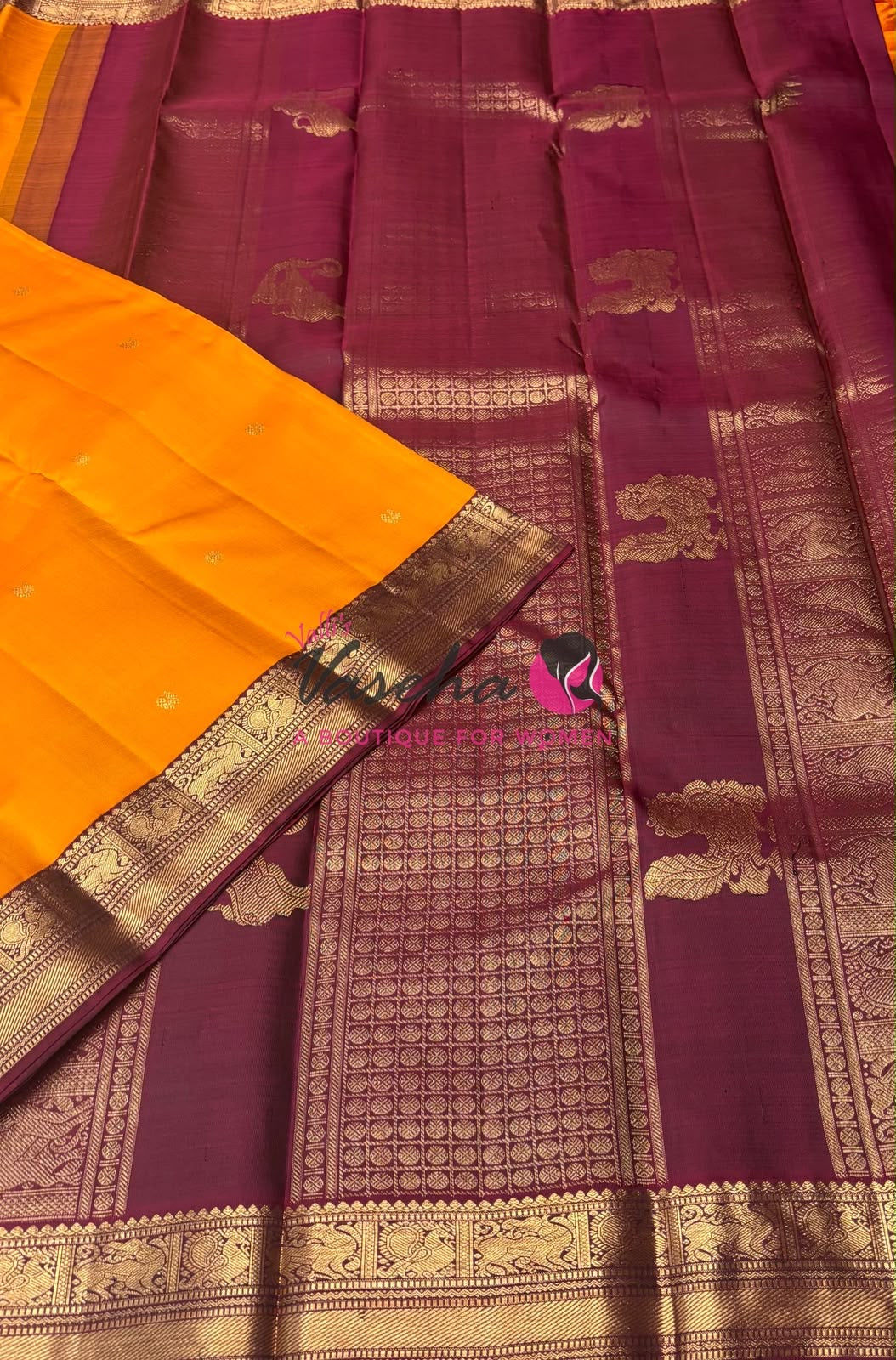 Pure Vintage Korvai Kanchipuram Silk Saree - Mango Yellow & Maroon Combo - VVPS046