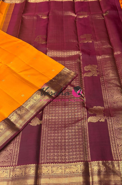 Pure Vintage Korvai Kanchipuram Silk Saree - Mango Yellow & Maroon Combo - VVPS046