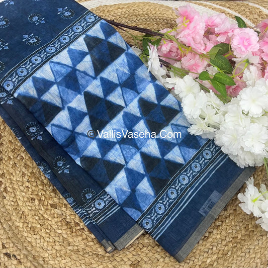 Linen Mixed Cotton Saree - Indigo Blue - Printed - VVLMP001