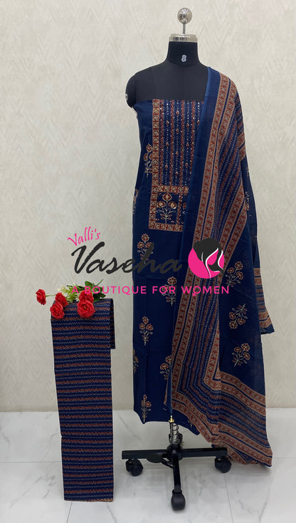 Unstitched Material | Fancy Cotton Material | Blue Shade | VVUSM087